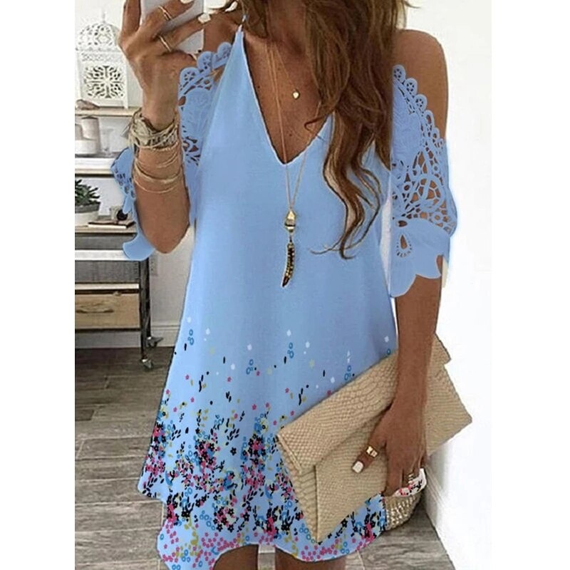 Sexy Off Shoulder Dress Women Vintage Floral Print Lace Half Sleeve Mini Dresses Casual Sling V Neck Boho Beach Party Dresses