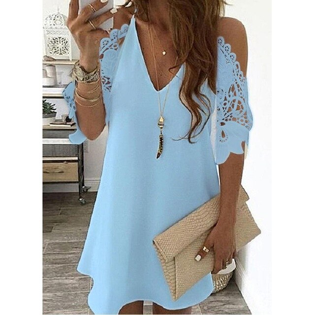 Sexy Off Shoulder Dress Women Vintage Floral Print Lace Half Sleeve Mini Dresses Casual Sling V Neck Boho Beach Party Dresses
