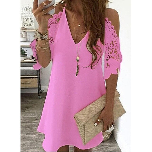Sexy Off Shoulder Dress Women Vintage Floral Print Lace Half Sleeve Mini Dresses Casual Sling V Neck Boho Beach Party Dresses