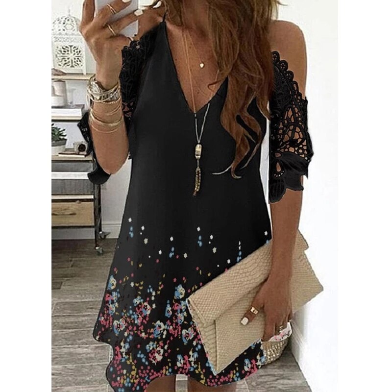 Sexy Off Shoulder Dress Women Vintage Floral Print Lace Half Sleeve Mini Dresses Casual Sling V Neck Boho Beach Party Dresses