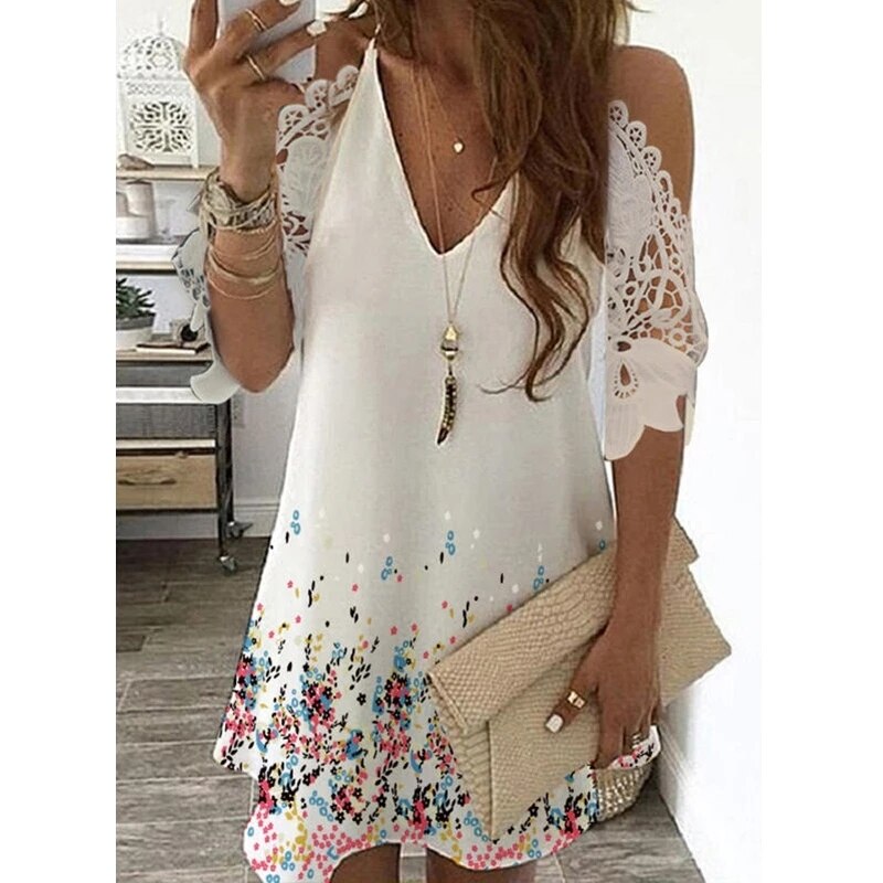 Sexy Off Shoulder Dress Women Vintage Floral Print Lace Half Sleeve Mini Dresses Casual Sling V Neck Boho Beach Party Dresses