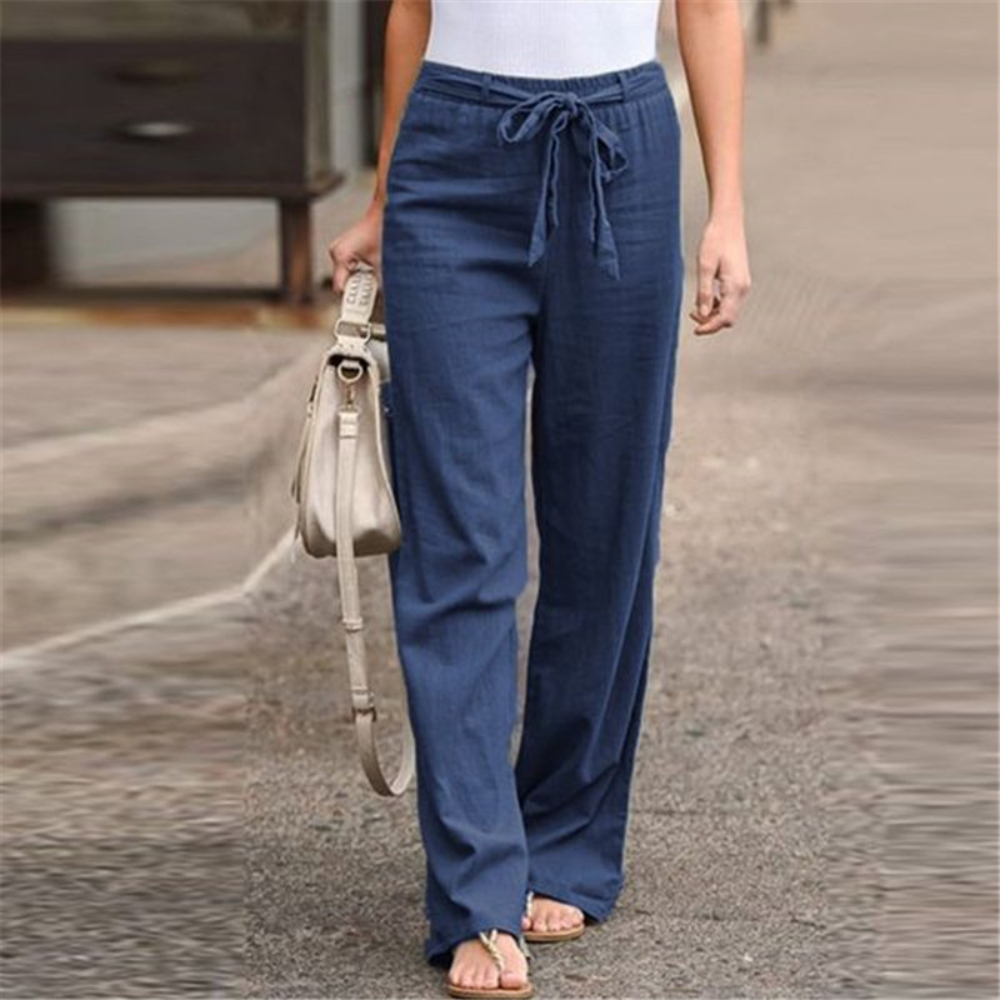 Women Pants Summer Fashion Cotton Linen Solid Elastic Waist Trousers Female Casual Harajuku High Waist with Belt Wide Leg Pants