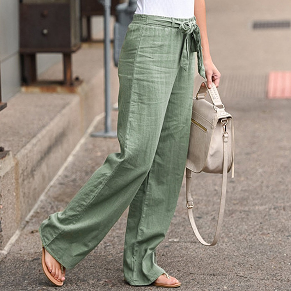 Women Pants Summer Fashion Cotton Linen Solid Elastic Waist Trousers Female Casual Harajuku High Waist with Belt Wide Leg Pants