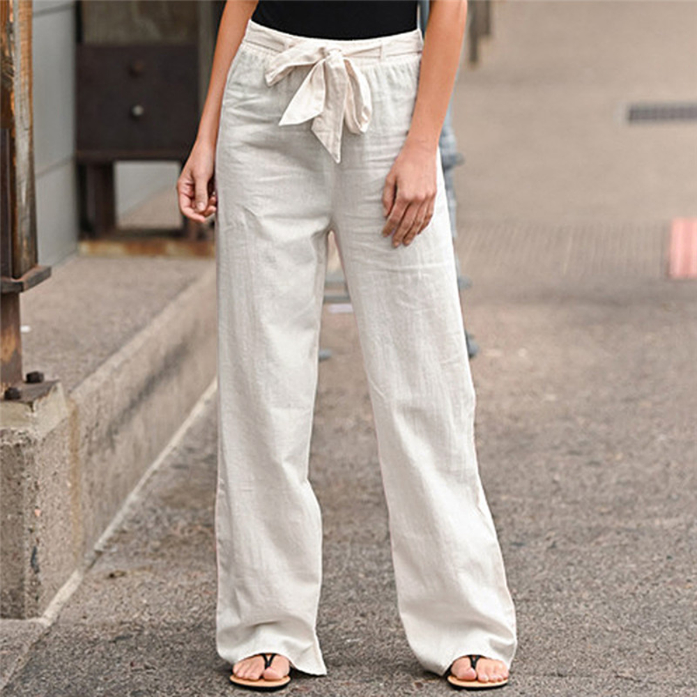 Women Pants Summer Fashion Cotton Linen Solid Elastic Waist Trousers Female Casual Harajuku High Waist with Belt Wide Leg Pants