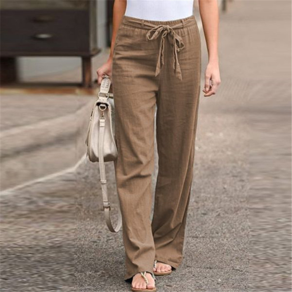 Women Pants Summer Fashion Cotton Linen Solid Elastic Waist Trousers Female Casual Harajuku High Waist with Belt Wide Leg Pants
