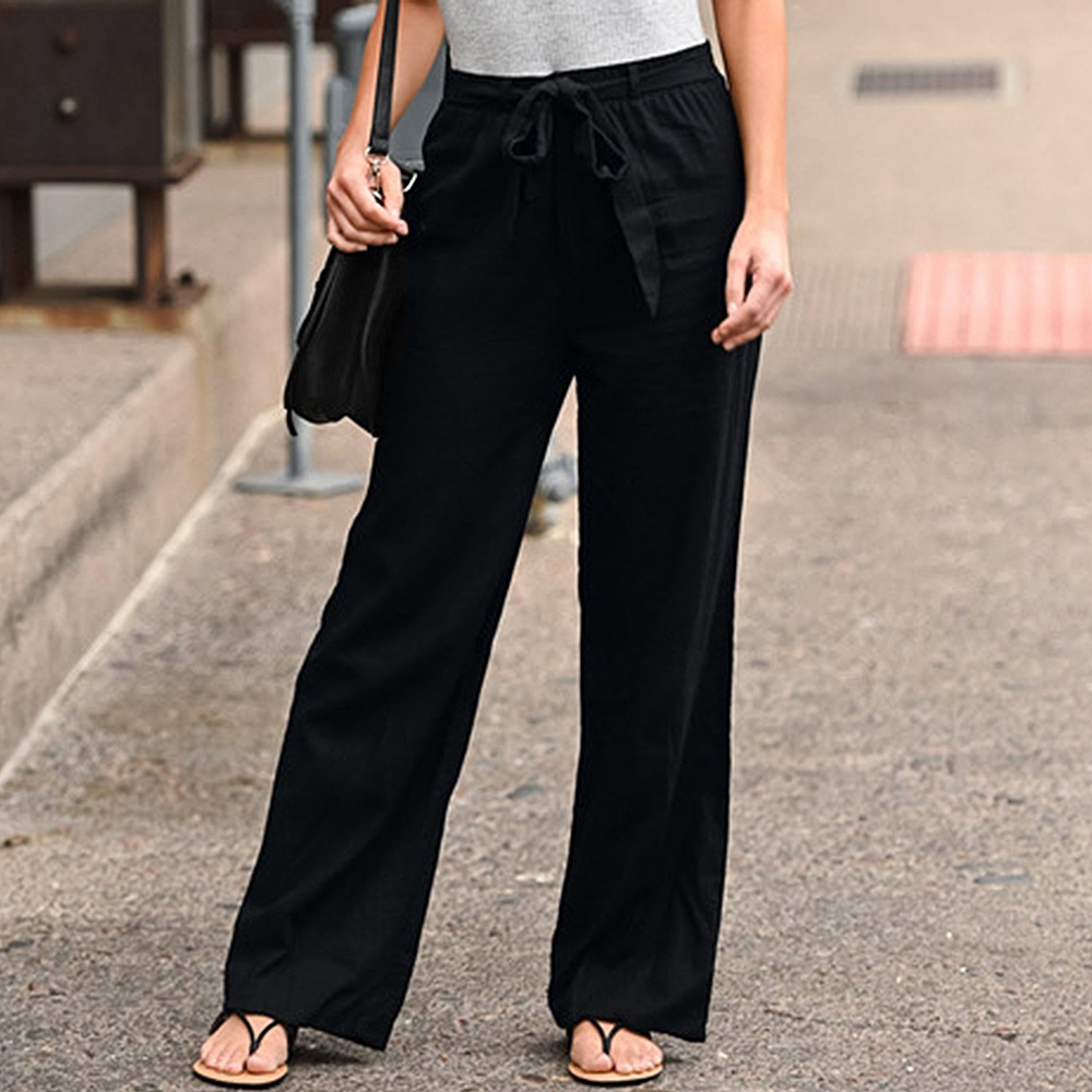 Women Pants Summer Fashion Cotton Linen Solid Elastic Waist Trousers Female Casual Harajuku High Waist with Belt Wide Leg Pants