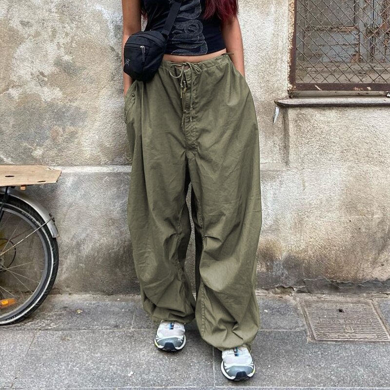 Sweetown Casual Baggy Wide Leg Sweatpants White Loose Drawstring Low Waist Streetwear Cargo Pants Womens Hippie Joggers Trousers