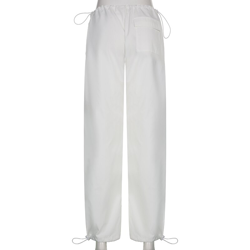 Sweetown Casual Baggy Wide Leg Sweatpants White Loose Drawstring Low Waist Streetwear Cargo Pants Womens Hippie Joggers Trousers