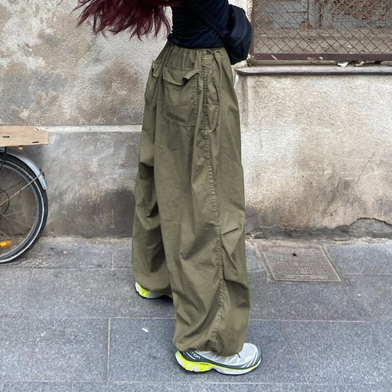 Sweetown Casual Baggy Wide Leg Sweatpants White Loose Drawstring Low Waist Streetwear Cargo Pants Womens Hippie Joggers Trousers
