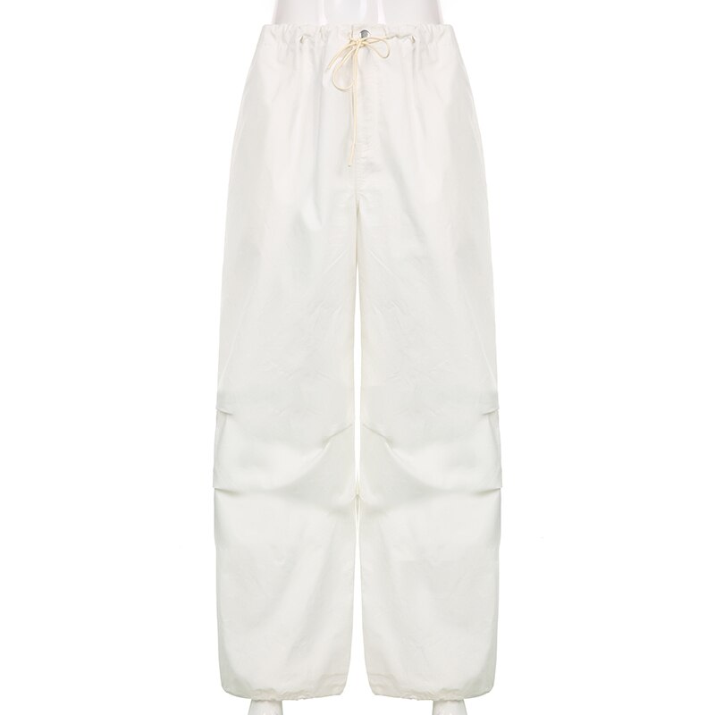 Sweetown Casual Baggy Wide Leg Sweatpants White Loose Drawstring Low Waist Streetwear Cargo Pants Womens Hippie Joggers Trousers