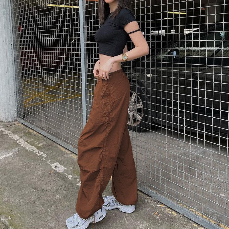 Sweetown Casual Baggy Wide Leg Sweatpants White Loose Drawstring Low Waist Streetwear Cargo Pants Womens Hippie Joggers Trousers