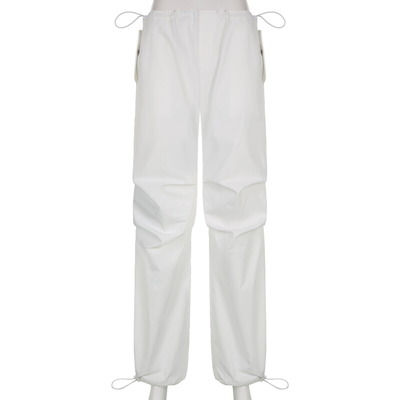 Sweetown Casual Baggy Wide Leg Sweatpants White Loose Drawstring Low Waist Streetwear Cargo Pants Womens Hippie Joggers Trousers