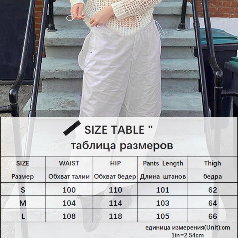 Sweetown Casual Baggy Wide Leg Sweatpants White Loose Drawstring Low Waist Streetwear Cargo Pants Womens Hippie Joggers Trousers