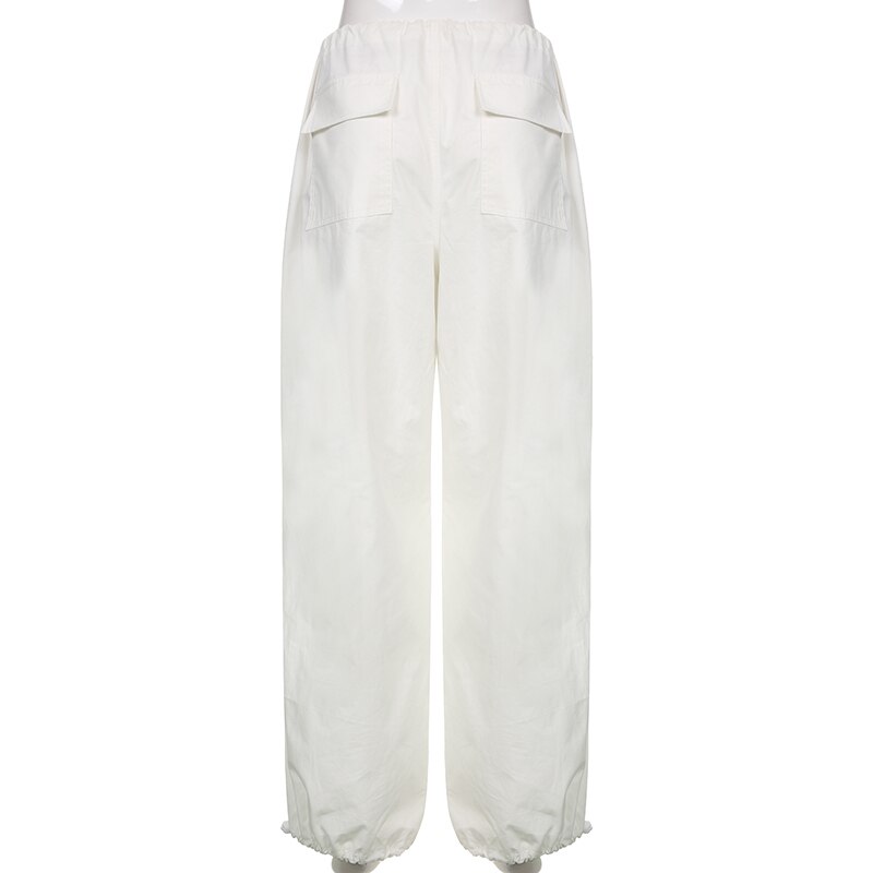 Sweetown Casual Baggy Wide Leg Sweatpants White Loose Drawstring Low Waist Streetwear Cargo Pants Womens Hippie Joggers Trousers