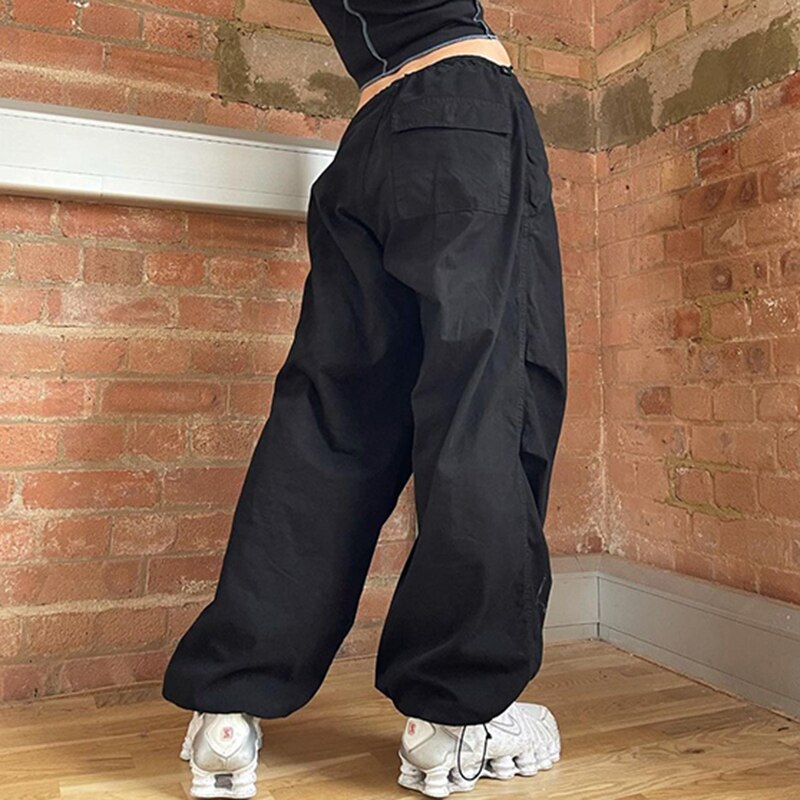 Sweetown Casual Baggy Wide Leg Sweatpants White Loose Drawstring Low Waist Streetwear Cargo Pants Womens Hippie Joggers Trousers