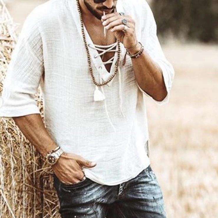 Men's Loose Tee Shirt Casual Cotton Linen Half Sleeve V Neck Blouse Tops Fashion Summer Solid Beach Baggy T Shirts Chemise Homme