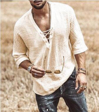 Men's Loose Tee Shirt Casual Cotton Linen Half Sleeve V Neck Blouse Tops Fashion Summer Solid Beach Baggy T Shirts Chemise Homme