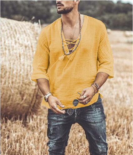 Men's Loose Tee Shirt Casual Cotton Linen Half Sleeve V Neck Blouse Tops Fashion Summer Solid Beach Baggy T Shirts Chemise Homme