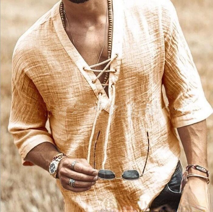 Men's Loose Tee Shirt Casual Cotton Linen Half Sleeve V Neck Blouse Tops Fashion Summer Solid Beach Baggy T Shirts Chemise Homme