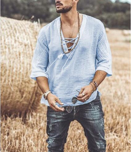 Men's Loose Tee Shirt Casual Cotton Linen Half Sleeve V Neck Blouse Tops Fashion Summer Solid Beach Baggy T Shirts Chemise Homme