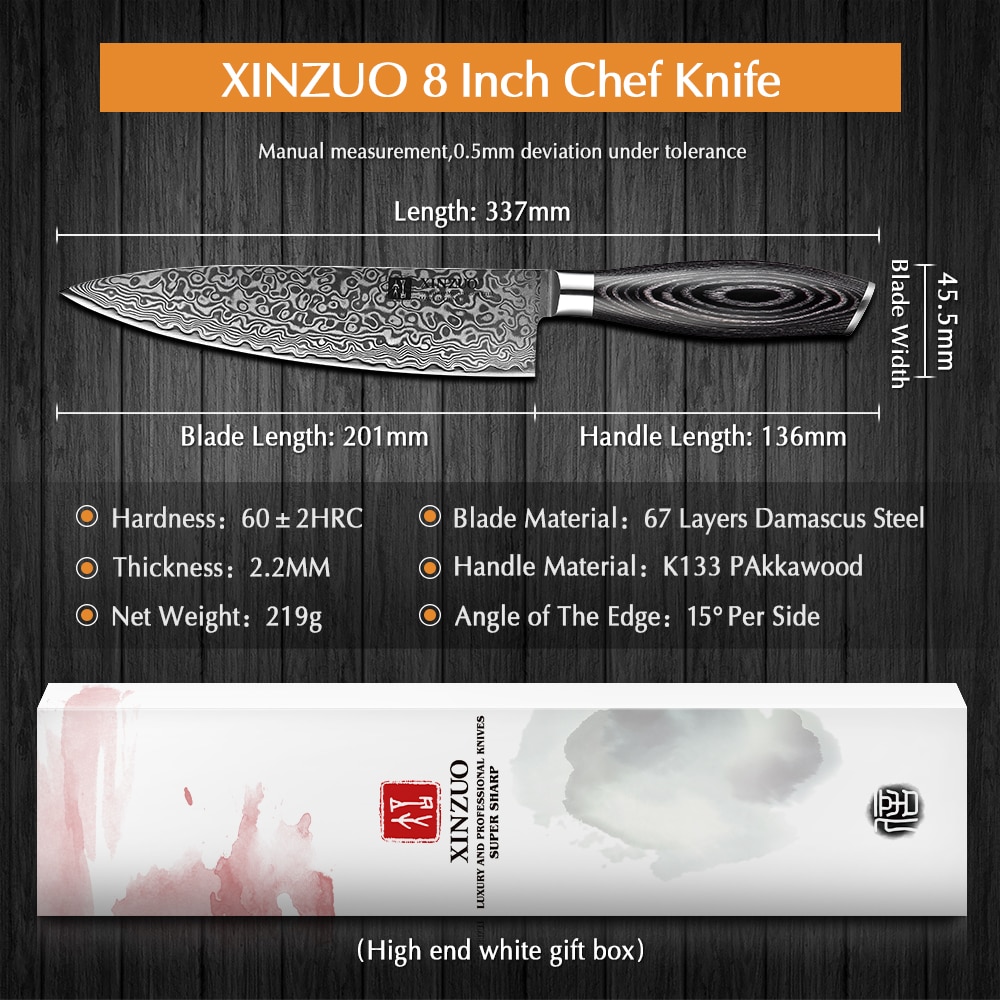 XINZUO 8'' Chef Knife Gyuto Knife Japanese Style VG10 Damascus Kitchen Knives Stainless Steel Butcher Knife Pakka Wood Handle XINZUO 8'' Chef Knife Gyuto Knife Japanese Style VG10 Damascus Kitchen Knives Stainless Steel Butcher Knife Pakka Wood Handle