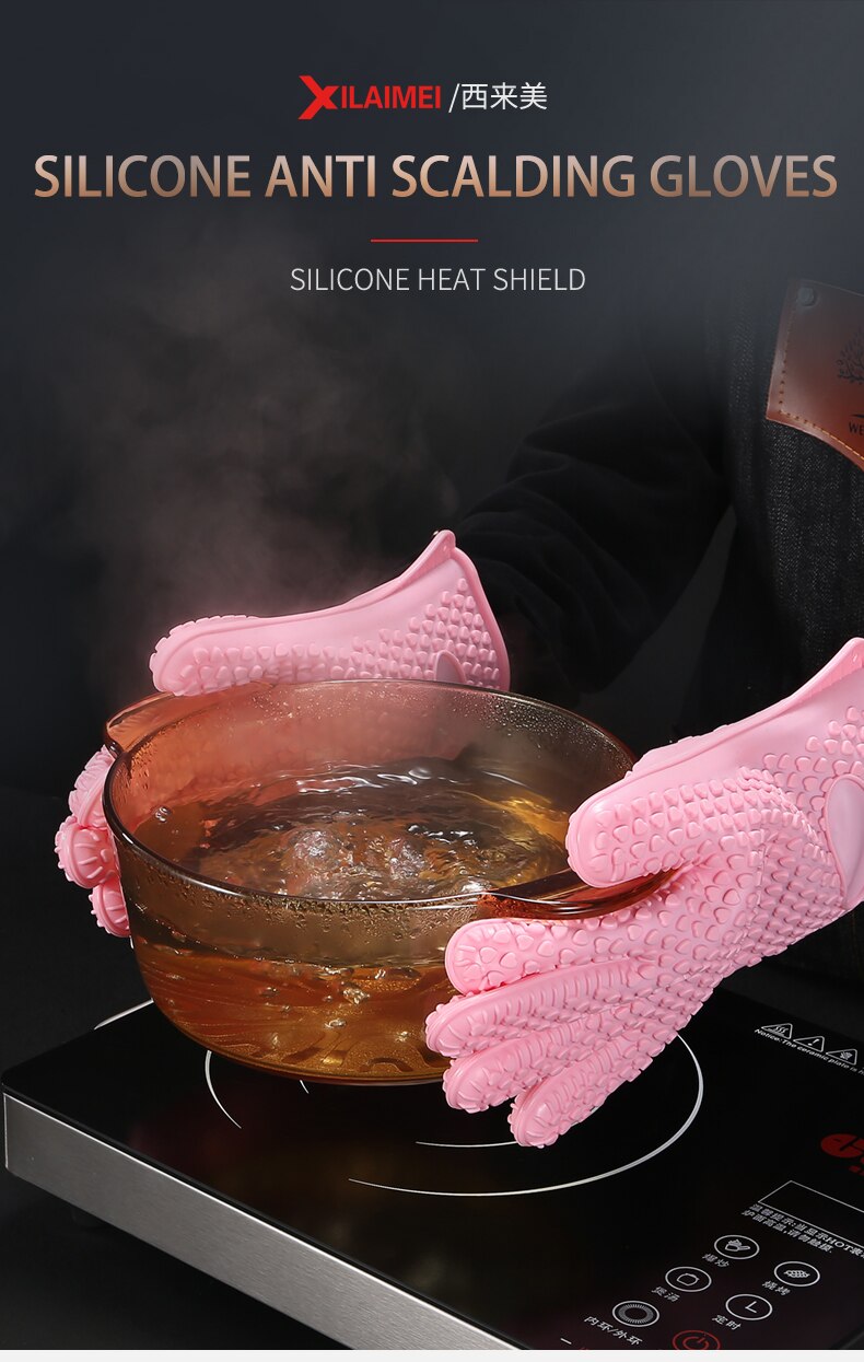 1Pair of Heat Resistant Silicone Gloves Kitchen BBQ Oven Cooking Mitts Hot Household Gloves Cleaning Tools