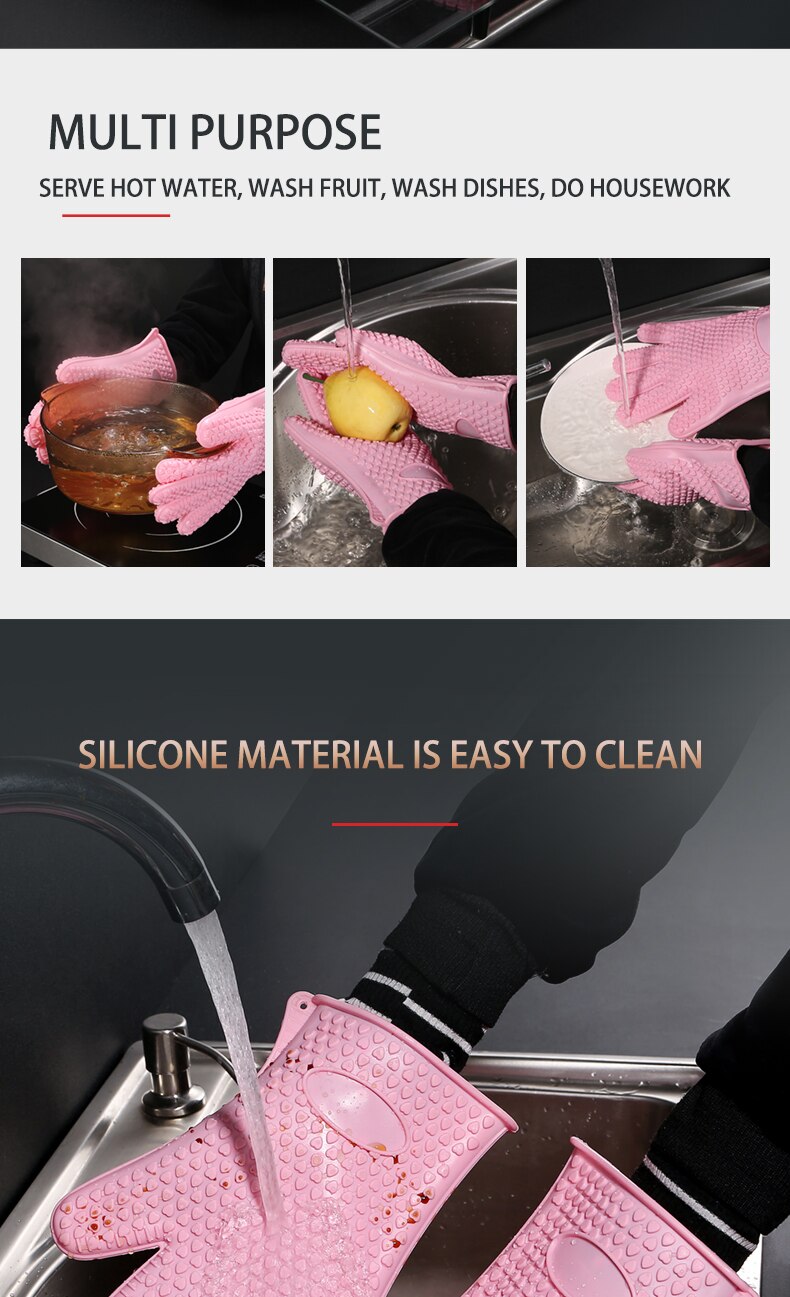 1Pair of Heat Resistant Silicone Gloves Kitchen BBQ Oven Cooking Mitts Hot Household Gloves Cleaning Tools