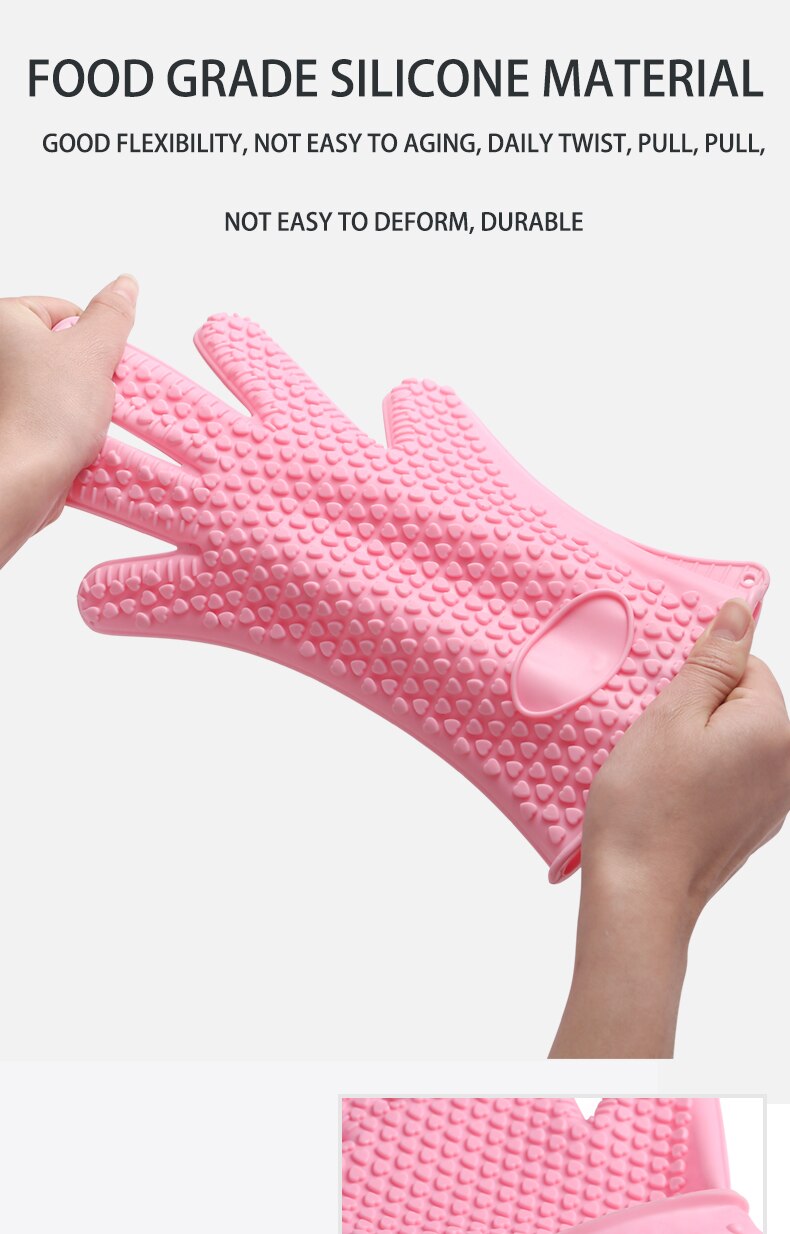 1Pair of Heat Resistant Silicone Gloves Kitchen BBQ Oven Cooking Mitts Hot Household Gloves Cleaning Tools