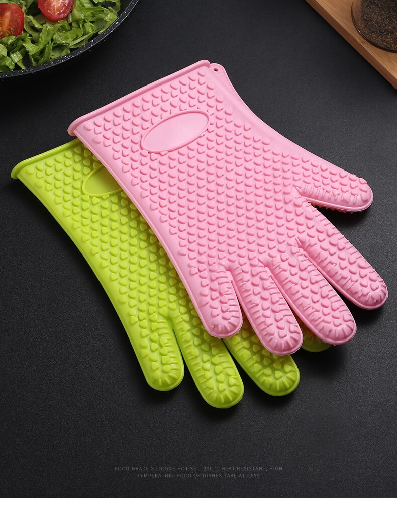 1Pair of Heat Resistant Silicone Gloves Kitchen BBQ Oven Cooking Mitts Hot Household Gloves Cleaning Tools
