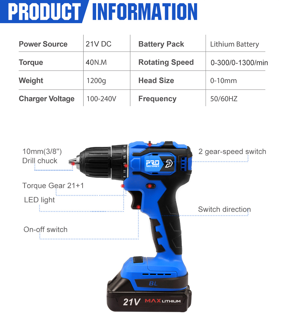20V/21V Brushless Electric Drill 40NM/45NM Cordless Screwdriver Li-ion Battery Mini Electric Power Drill 5pcs Bit By PROSTORMER