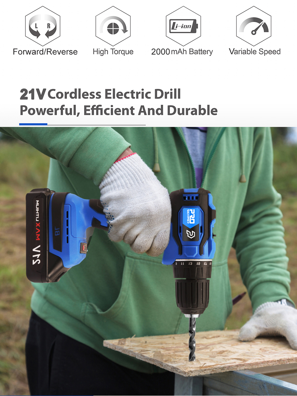 20V/21V Brushless Electric Drill 40NM/45NM Cordless Screwdriver Li-ion Battery Mini Electric Power Drill 5pcs Bit By PROSTORMER