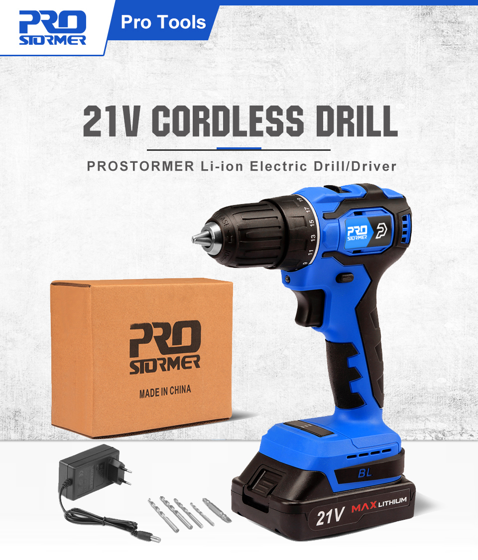 20V/21V Brushless Electric Drill 40NM/45NM Cordless Screwdriver Li-ion Battery Mini Electric Power Drill 5pcs Bit By PROSTORMER