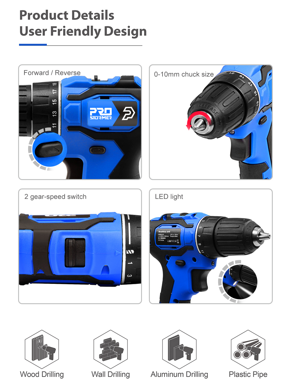 20V/21V Brushless Electric Drill 40NM/45NM Cordless Screwdriver Li-ion Battery Mini Electric Power Drill 5pcs Bit By PROSTORMER