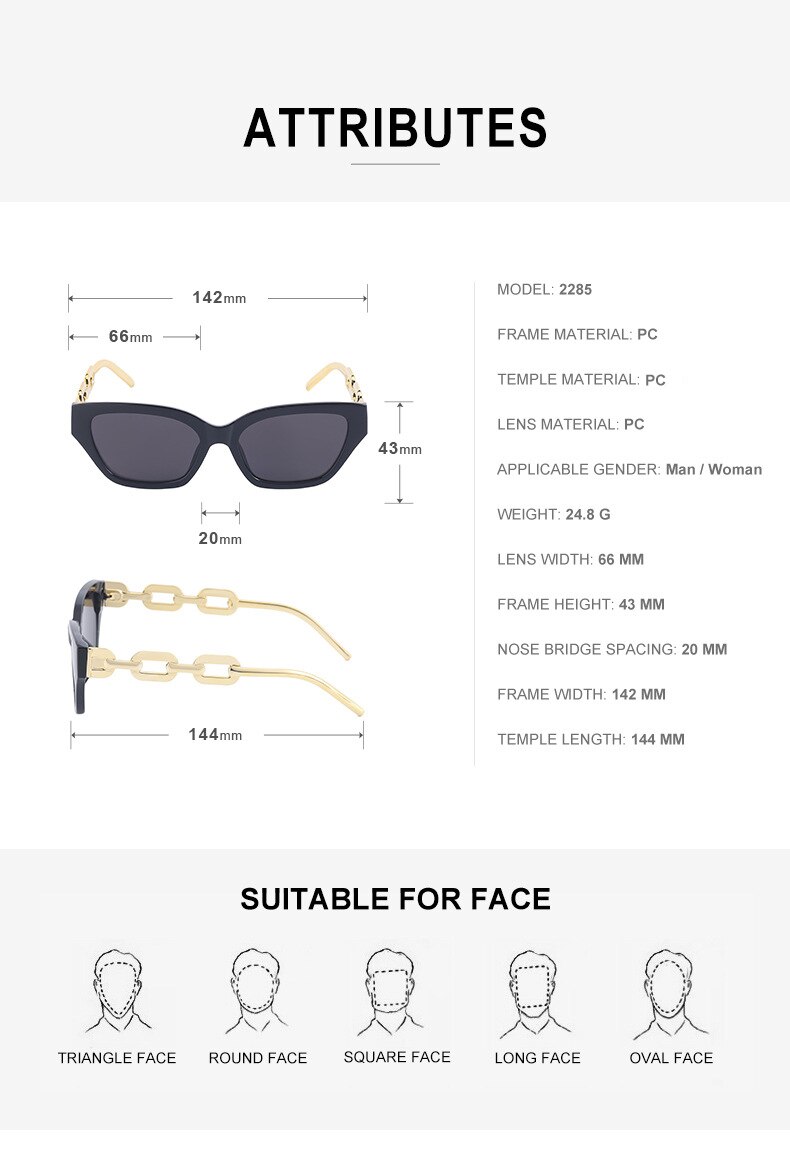 Fashion Small Cat Eye Women's Sunglasses Trend Cateye Chain Leg 2022 Luxury Brand Sun Glasses For Ladies Black Shades Sunglass