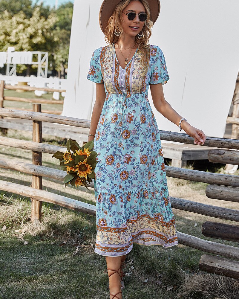 Boho Dress For Women 2022 Summer Flower Print V Neck Short Sleeve High Waist Maxi Dresses Casual Beach Holiday Female Vestidos