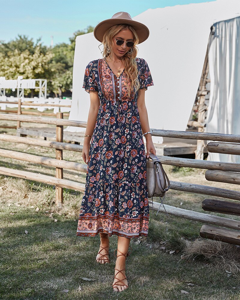 Boho Dress For Women 2022 Summer Flower Print V Neck Short Sleeve High Waist Maxi Dresses Casual Beach Holiday Female Vestidos