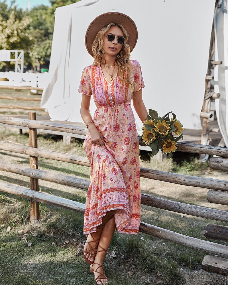 Boho Dress For Women 2022 Summer Flower Print V Neck Short Sleeve High Waist Maxi Dresses Casual Beach Holiday Female Vestidos