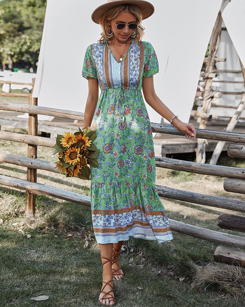 Boho Dress For Women 2022 Summer Flower Print V Neck Short Sleeve High Waist Maxi Dresses Casual Beach Holiday Female Vestidos