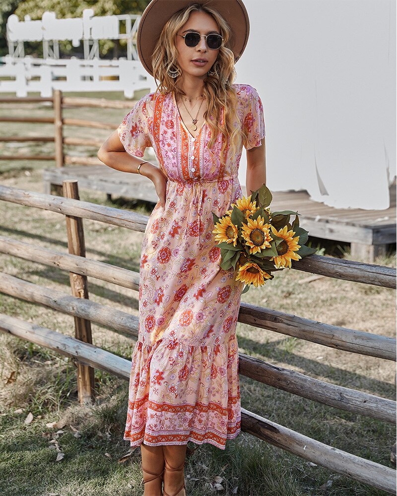 Boho Dress For Women 2022 Summer Flower Print V Neck Short Sleeve High Waist Maxi Dresses Casual Beach Holiday Female Vestidos