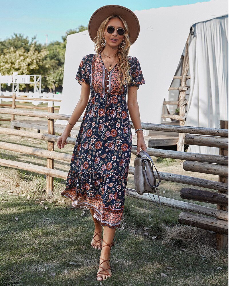 Boho Dress For Women 2022 Summer Flower Print V Neck Short Sleeve High Waist Maxi Dresses Casual Beach Holiday Female Vestidos
