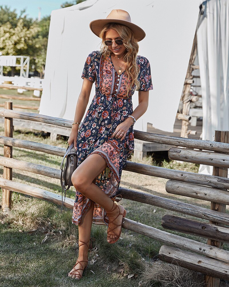 Boho Dress For Women 2022 Summer Flower Print V Neck Short Sleeve High Waist Maxi Dresses Casual Beach Holiday Female Vestidos