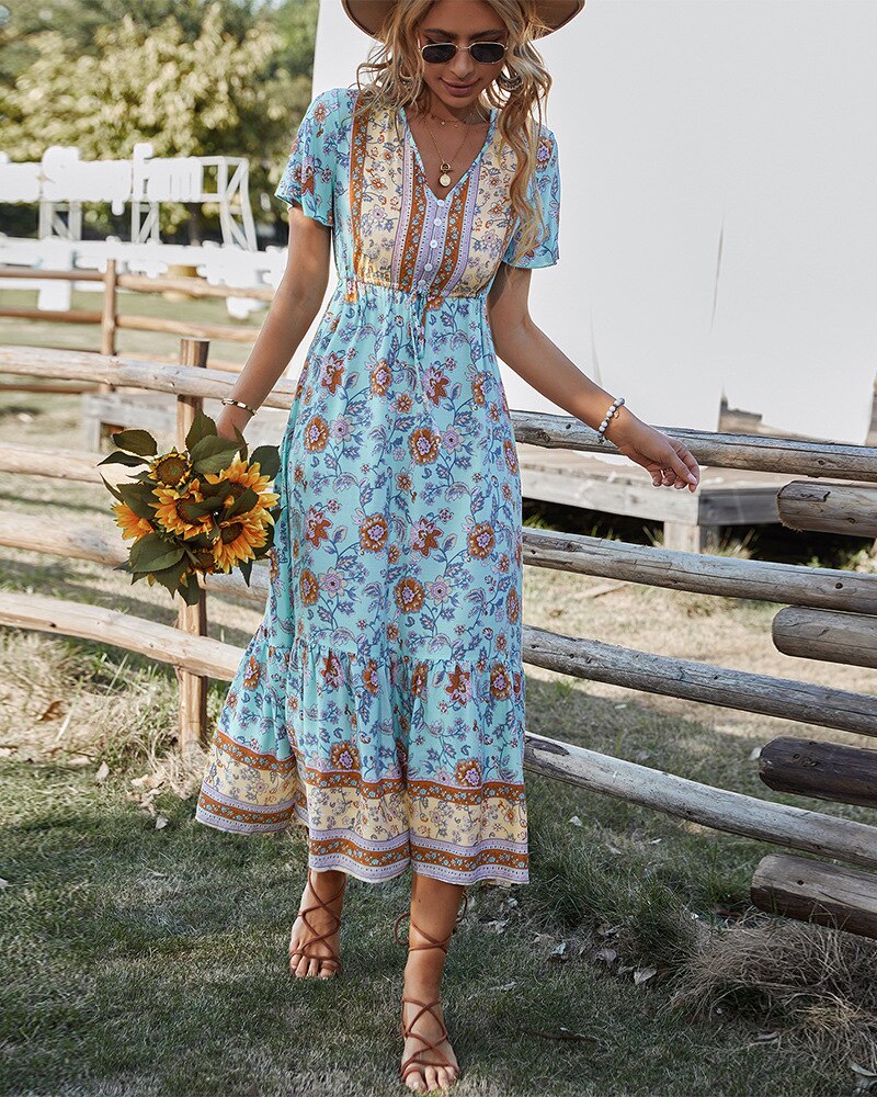Boho Dress For Women 2022 Summer Flower Print V Neck Short Sleeve High Waist Maxi Dresses Casual Beach Holiday Female Vestidos
