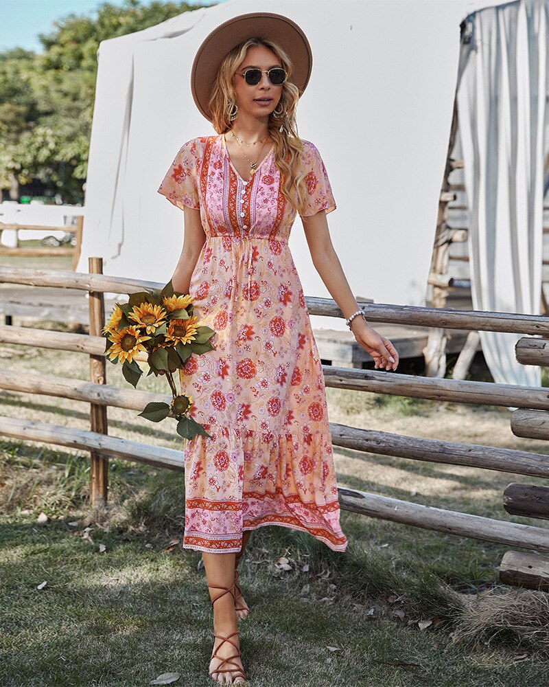 Boho Dress For Women 2022 Summer Flower Print V Neck Short Sleeve High Waist Maxi Dresses Casual Beach Holiday Female Vestidos