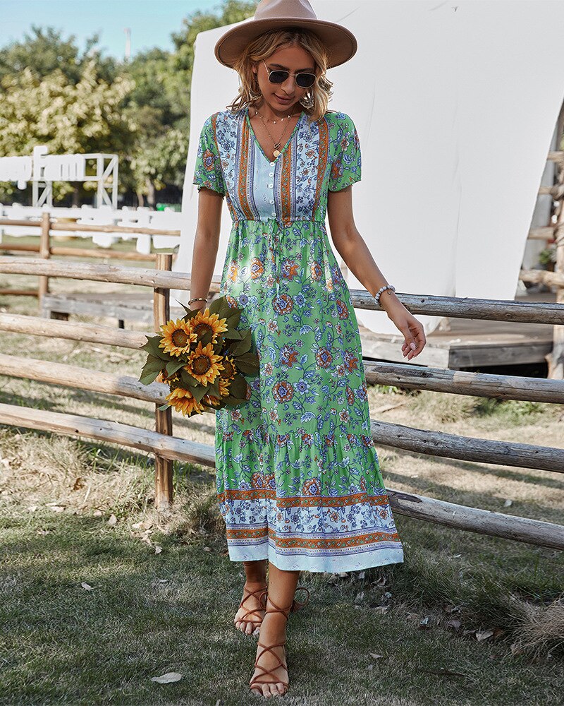 Boho Dress For Women 2022 Summer Flower Print V Neck Short Sleeve High Waist Maxi Dresses Casual Beach Holiday Female Vestidos