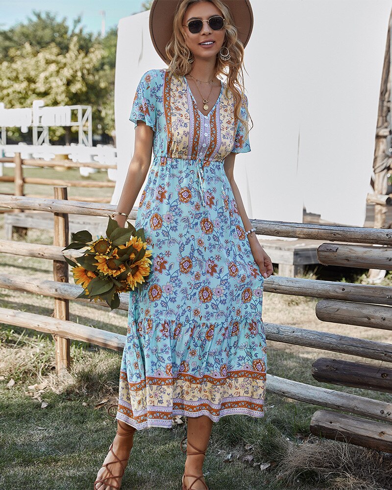 Boho Dress For Women 2022 Summer Flower Print V Neck Short Sleeve High Waist Maxi Dresses Casual Beach Holiday Female Vestidos