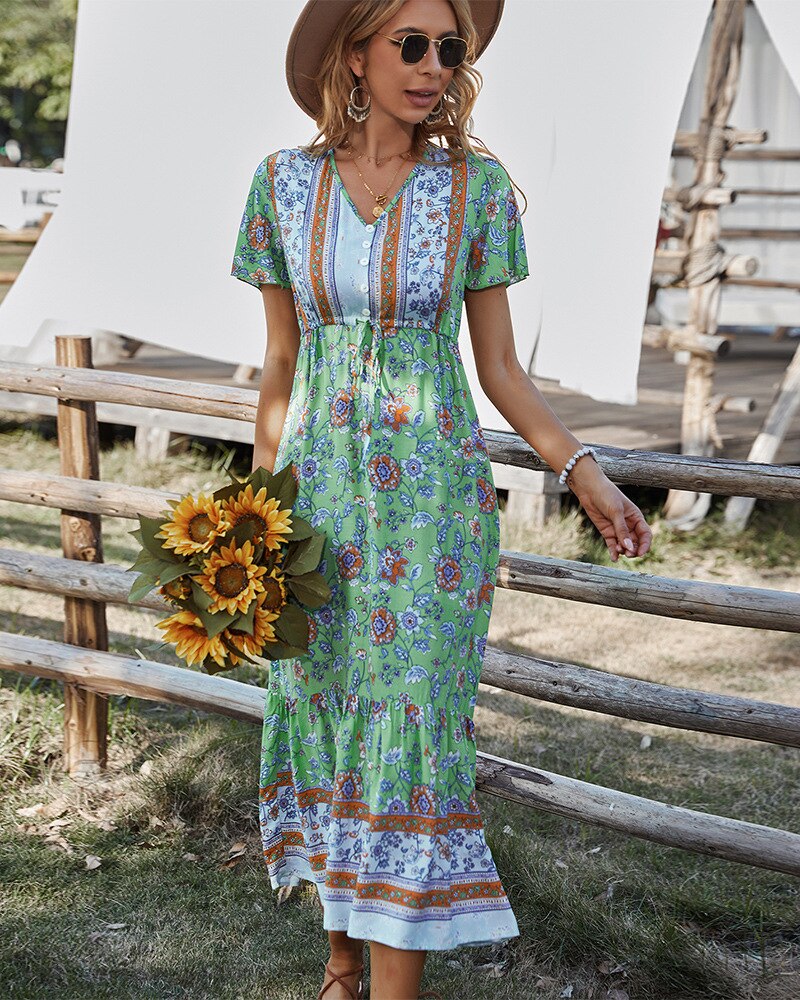 Boho Dress For Women 2022 Summer Flower Print V Neck Short Sleeve High Waist Maxi Dresses Casual Beach Holiday Female Vestidos