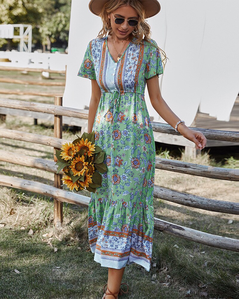 Boho Dress For Women 2022 Summer Flower Print V Neck Short Sleeve High Waist Maxi Dresses Casual Beach Holiday Female Vestidos