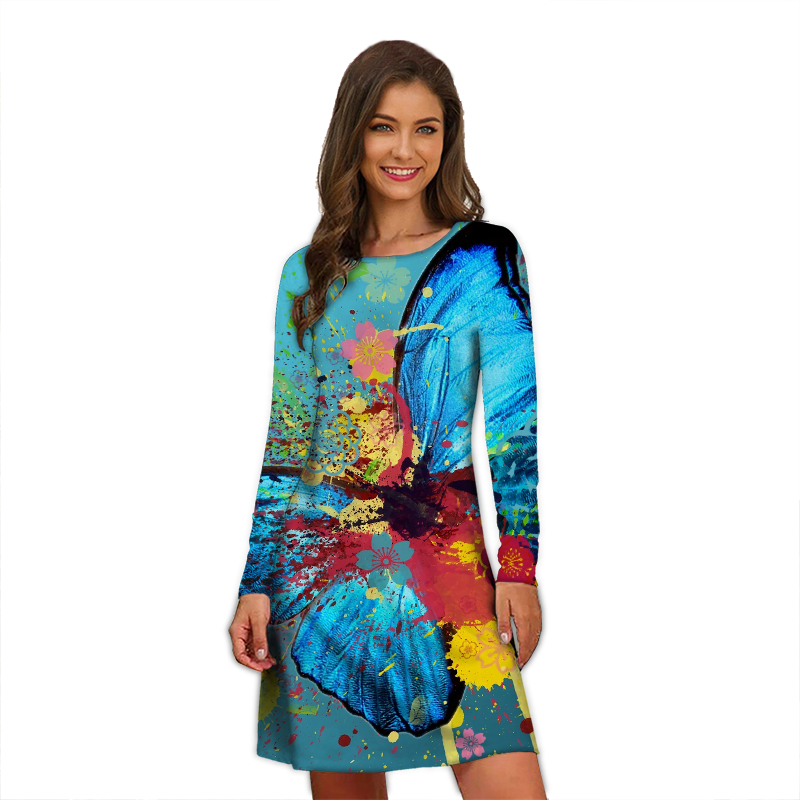 New Women A-Line Fashion Print Dress Loose Elegant Butterfly Print Long Casual Sexy Long Sleeve Dress Clothing