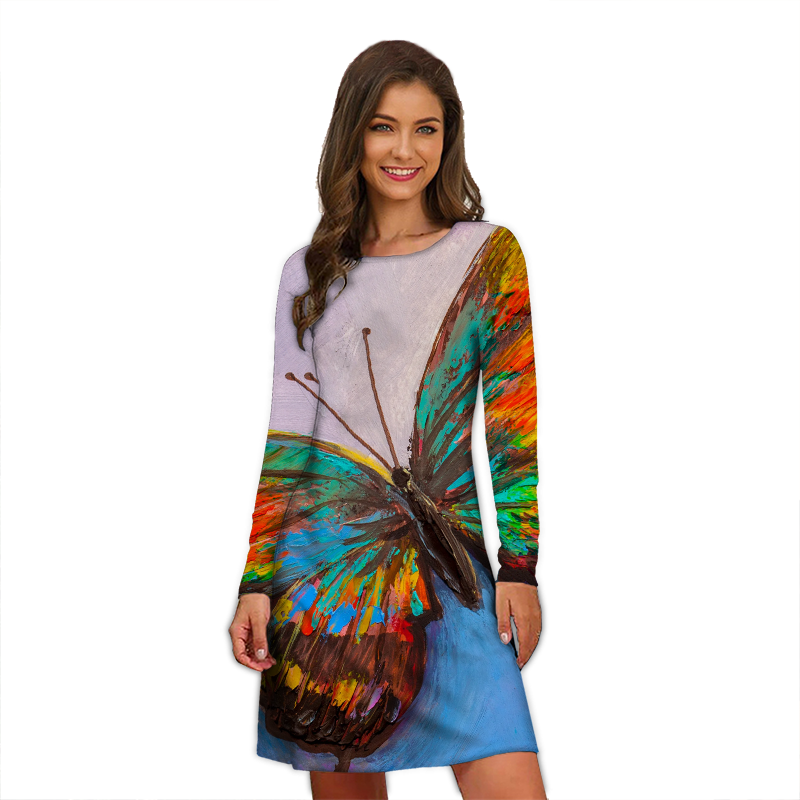 New Women A-Line Fashion Print Dress Loose Elegant Butterfly Print Long Casual Sexy Long Sleeve Dress Clothing