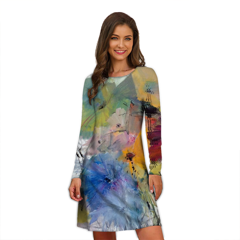 New Women A-Line Fashion Print Dress Loose Elegant Butterfly Print Long Casual Sexy Long Sleeve Dress Clothing